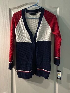 Tommy Hilfiger Red, White & Navy Colorblock V‑Neck Cardigan
